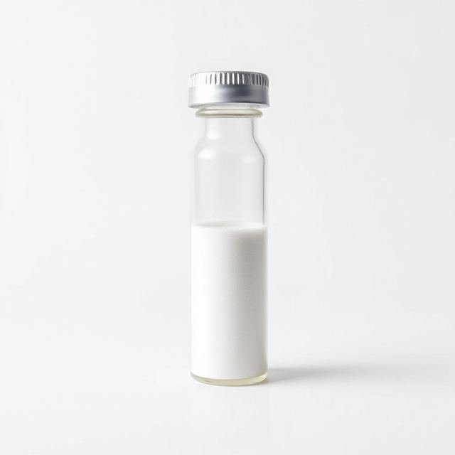 Clear glass research vial with white lyophilized peptide powder